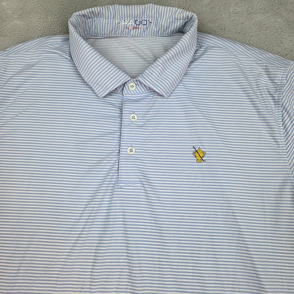 B. Draddy Sport Polo Shirt Mens XL Striped Short Sleeve Golf Top Blue and White